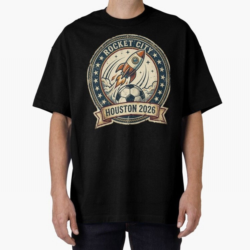 Houston 2026 World Cup Host City Vintage Football Badge ¡ª Rocket City Space Soccer Crest Design Oversized T-Shirt Relive Legendary Nights from Global Football Passion for FIFA World Cup 2026 USA Canada Mexico, Connected to CR7, England, France and