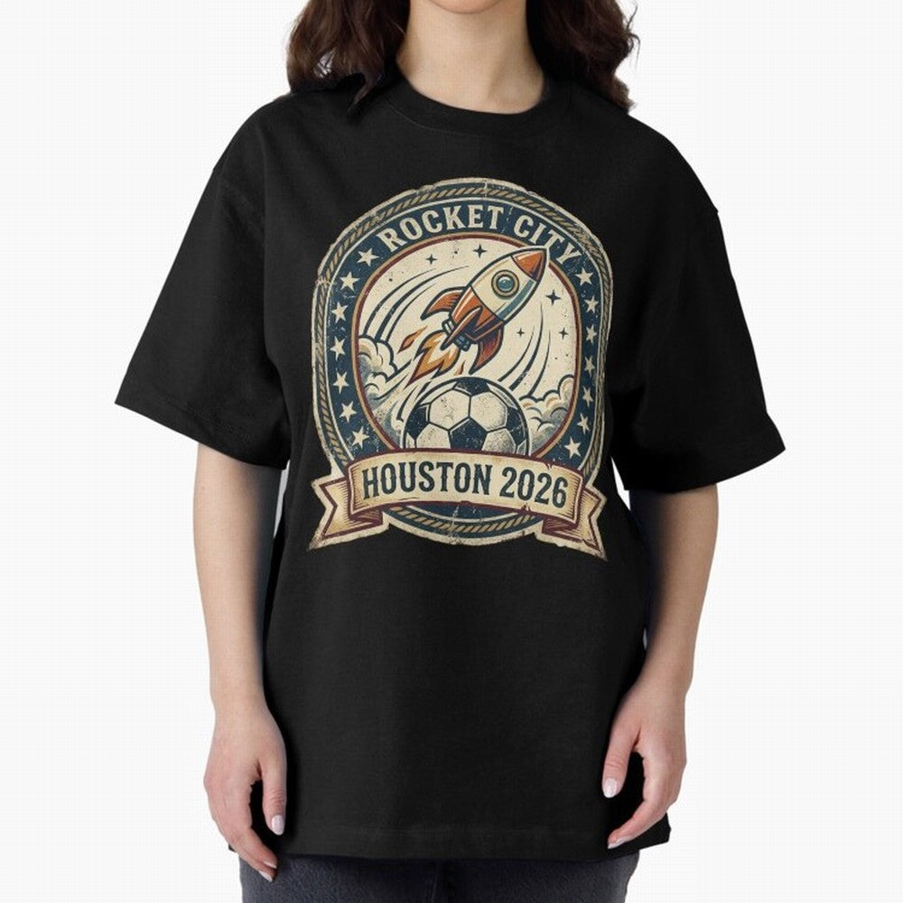 Houston 2026 World Cup Host City Vintage Football Badge ¡ª Rocket City Space Soccer Crest Design Oversized T-Shirt Relive Legendary Nights from Global Football Passion for FIFA World Cup 2026 USA Canada Mexico, Connected to CR7, England, France and
