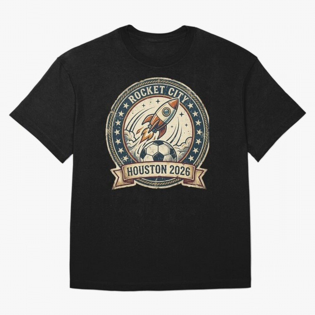 Houston 2026 World Cup Host City Vintage Football Badge ¡ª Rocket City Space Soccer Crest Design Oversized T-Shirt Relive Legendary Nights from Global Football Passion for FIFA World Cup 2026 USA Canada Mexico, Connected to CR7, England, France and