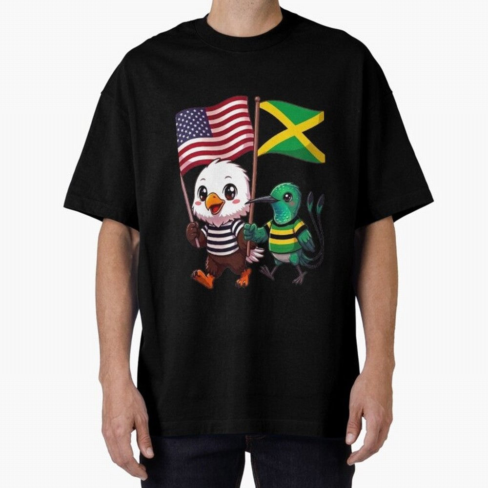 The American eagle and its friend, the Jamaican hummingbird Oversized T-Shirt Keep the Match Day Mood of FIFA World Cup 2026 USA Canada Mexico for Fans of Haaland and Mbappe and Brazil, Bringing Worldwide Fan Energy, Dramatic Goals, Stadium Lights