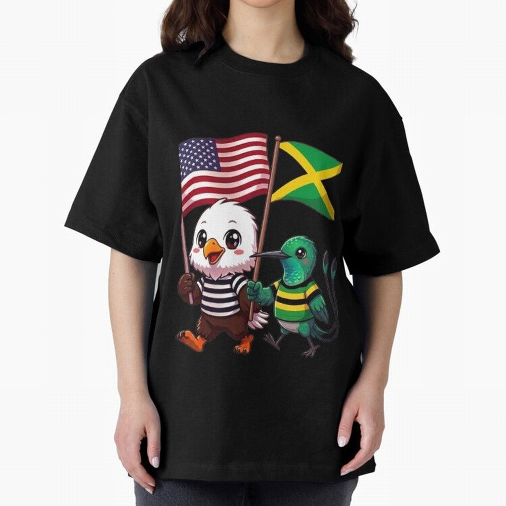 The American eagle and its friend, the Jamaican hummingbird Oversized T-Shirt Keep the Match Day Mood of FIFA World Cup 2026 USA Canada Mexico for Fans of Haaland and Mbappe and Brazil, Bringing Worldwide Fan Energy, Dramatic Goals, Stadium Lights