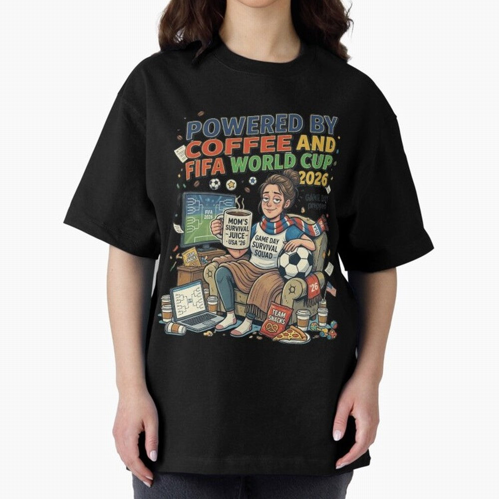 Soccer Mom Powered By Coffee And FIFA World Cup 2026 Funny USA Football Design Oversized T-Shirt Carry National Pride through Match Day Hype around FIFA World Cup 2026 USA Canada Mexico, Cristiano Ronaldo, Haaland and CR7, England, Retro Football