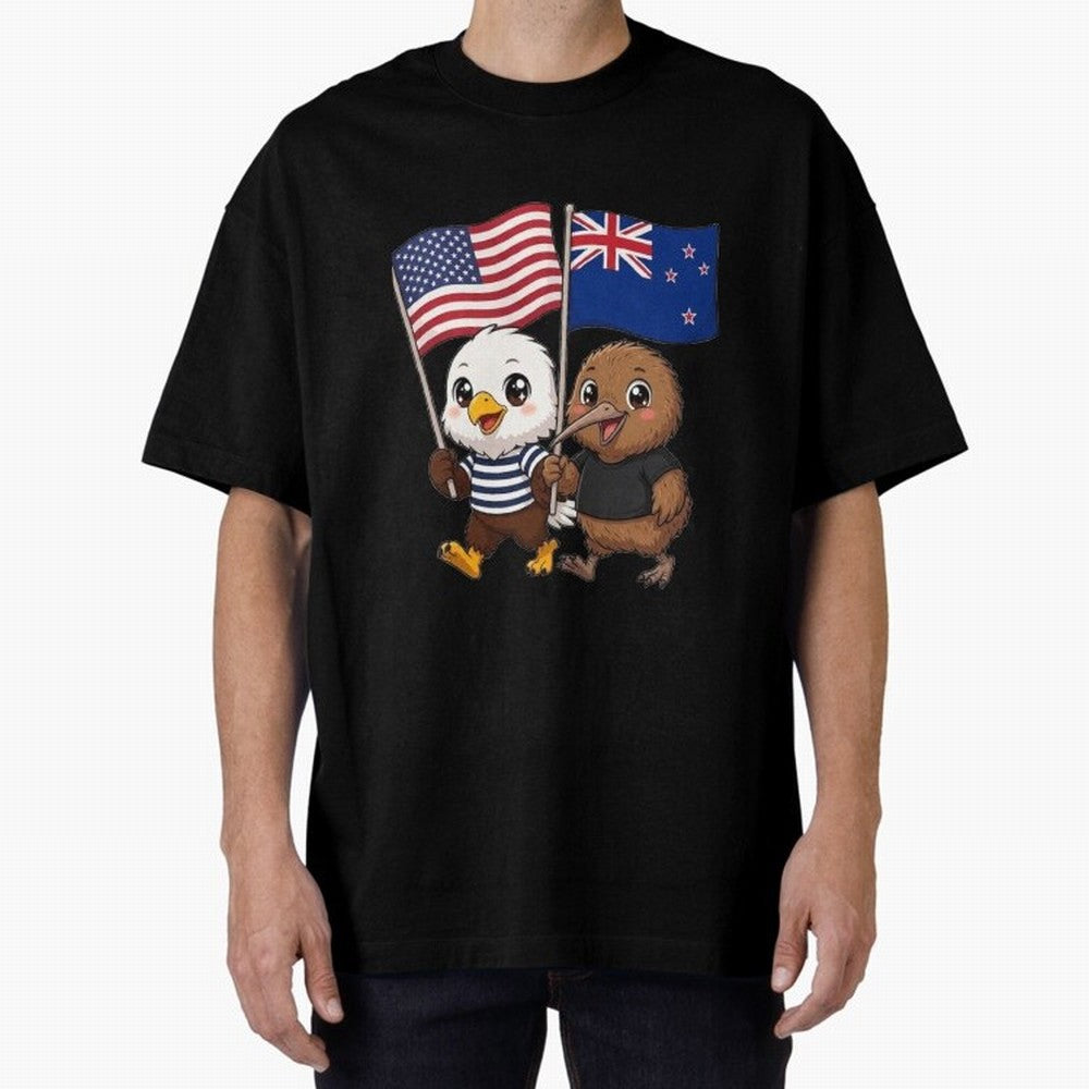 the American eagle and its friend the New Zealand kiwi Oversized T-Shirt Experience the Global Stage of FIFA World Cup 2026 Group Stage for Fans of Messi and Cristiano Ronaldo and Brazil, Bringing Stadium Chants, National Pride, Trophy Dreams and