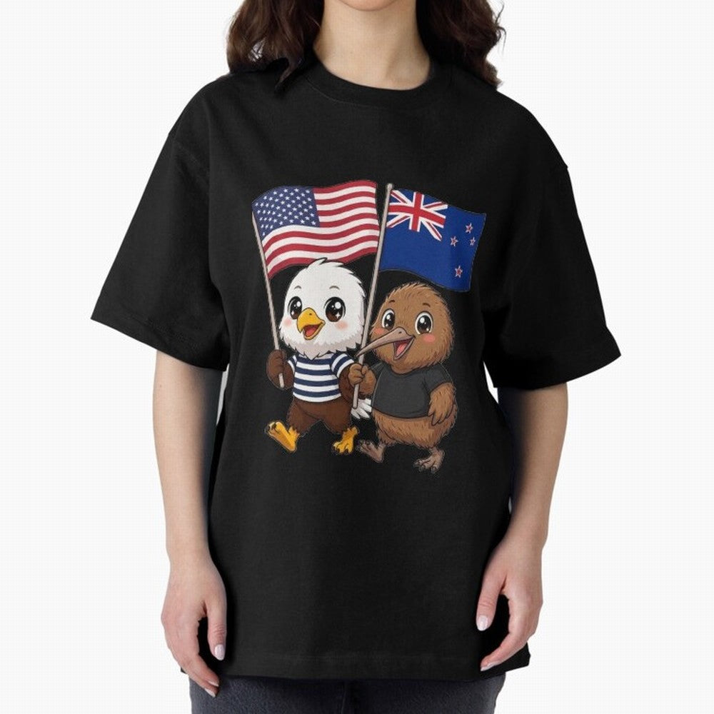 the American eagle and its friend the New Zealand kiwi Oversized T-Shirt Experience the Global Stage of FIFA World Cup 2026 Group Stage for Fans of Messi and Cristiano Ronaldo and Brazil, Bringing Stadium Chants, National Pride, Trophy Dreams and