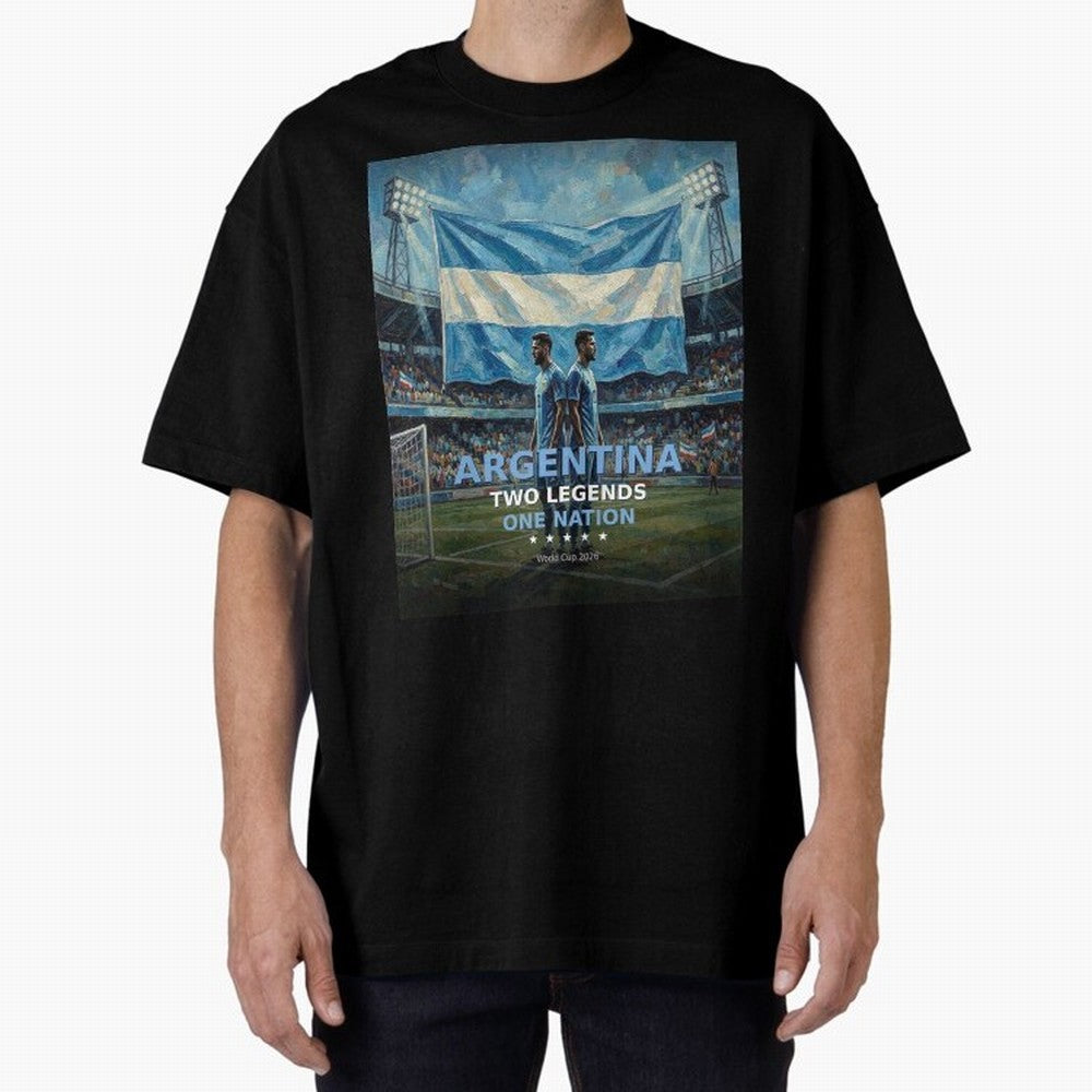 Argentina Two Legends One Nation - World Cup 2026 Soccer Fan Tee Oversized T-Shirt Celebrate the Magic of FIFA World Cup 2026 Group Stage Spirit, Connected to Argentina, Neymar, Haaland and Cristiano Ronaldo, Football Festival Excitement, Trophy