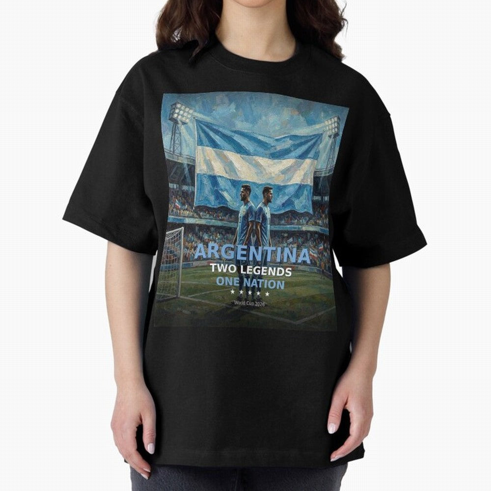 Argentina Two Legends One Nation - World Cup 2026 Soccer Fan Tee Oversized T-Shirt Celebrate the Magic of FIFA World Cup 2026 Group Stage Spirit, Connected to Argentina, Neymar, Haaland and Cristiano Ronaldo, Football Festival Excitement, Trophy