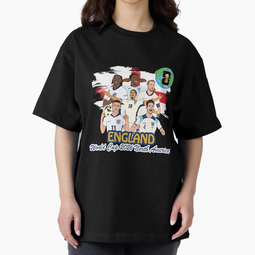 England Soccer Stars World Cup 2026 North America Oversized T-Shirt Bring Supporter Culture to the FIFA World Cup 2026 USA Canada Mexico Journey through Messi Highlights, Spain Pride, Football History, Final Match Energy, Crowd Noise and Once in a