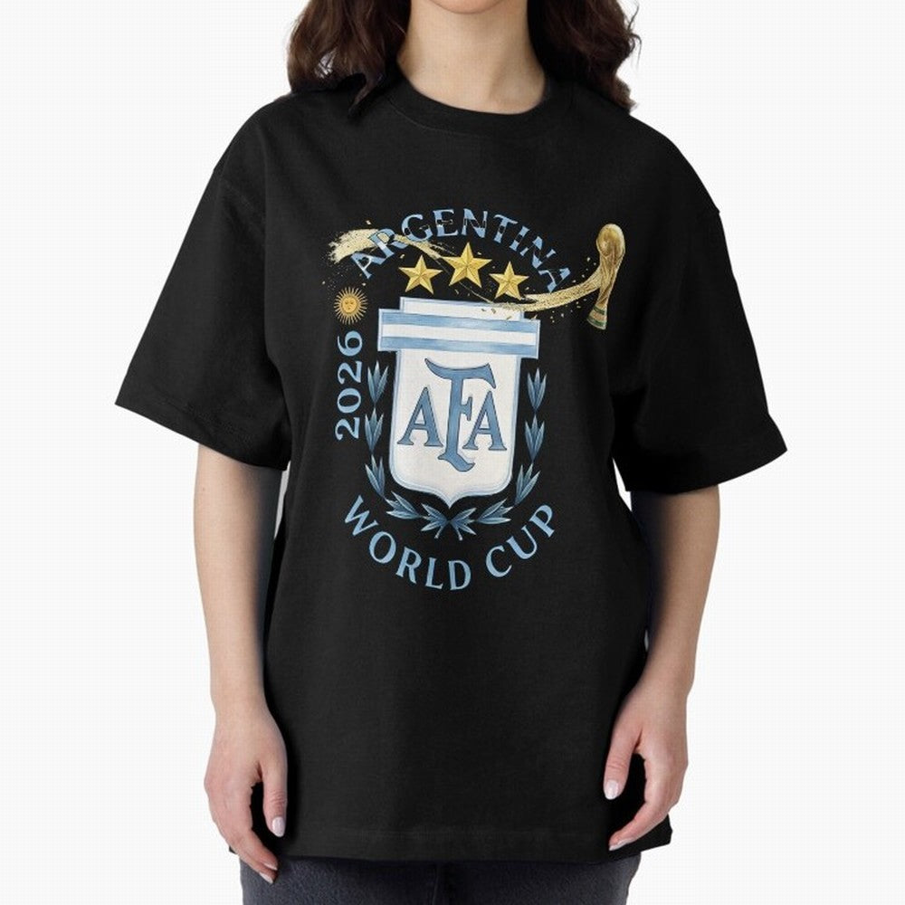 Argentina Football Champion World Cup 2026 - Gold Stars Watercolor Oversized T-Shirt Make Memories around FIFA World Cup 2026 Centered on Neymar, England and Germany Energy, Football Passion, Legendary Performances, Festival Vibes and Supporter