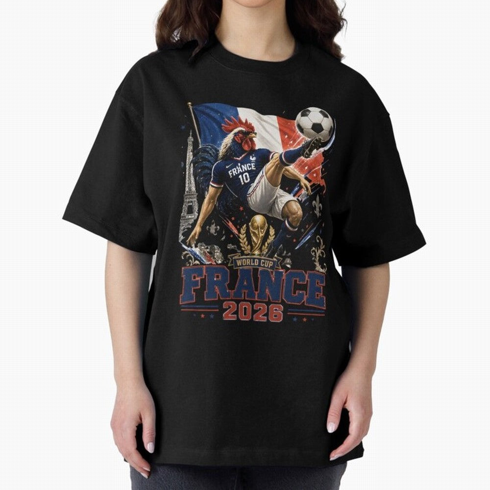 France Football World Cup 2026 Retro Rooster Kick - Les Bleus Oversized T-Shirt Show Passion for the Stars of FIFA World Cup 2026 Group Stage with Messi, CR7 and Mbappe, Portugal Energy, Football Festival Excitement, Trophy Ambitions, Country