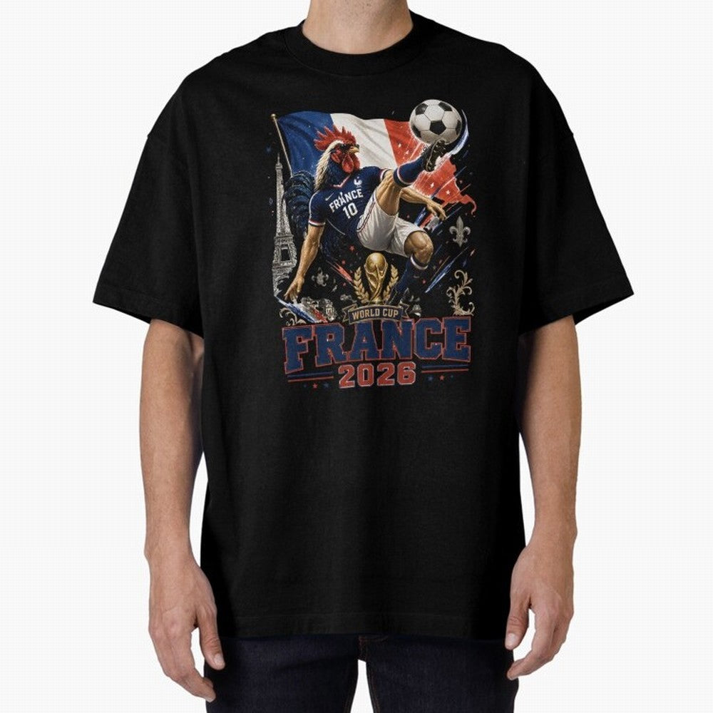 France Football World Cup 2026 Retro Rooster Kick - Les Bleus Oversized T-Shirt Show Passion for the Stars of FIFA World Cup 2026 Group Stage with Messi, CR7 and Mbappe, Portugal Energy, Football Festival Excitement, Trophy Ambitions, Country