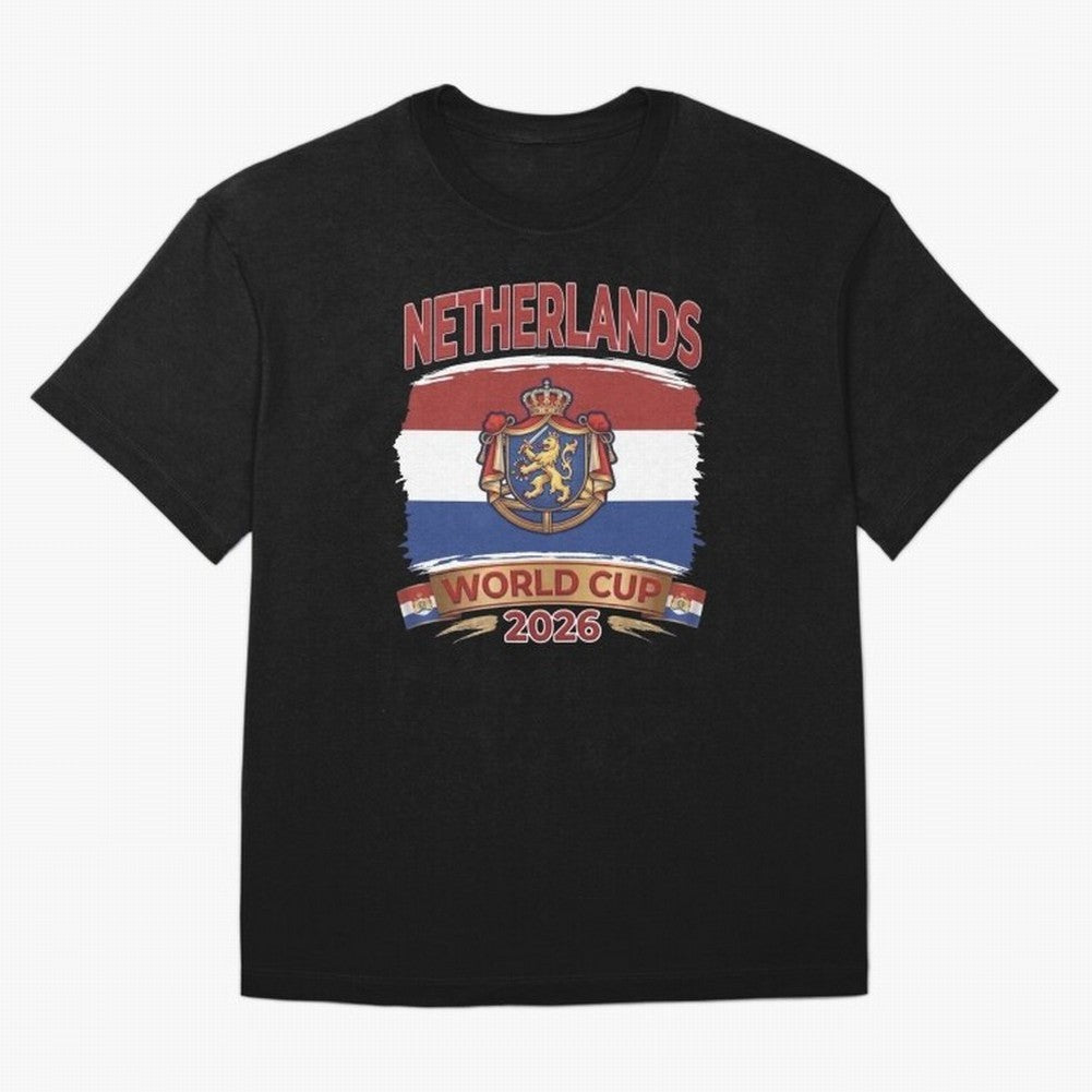 Netherlands World Cup 2026 Coat of Arms Football Design Oversized T-Shirt Spotlight Match Day Hype around FIFA World Cup 2026, Messi, CR7 and Mbappe, England, Championship Spirit, Famous Goals, Roaring Crowds and International Football Unity;