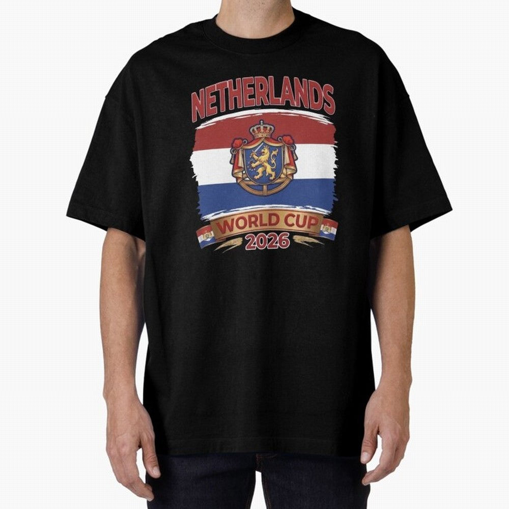 Netherlands World Cup 2026 Coat of Arms Football Design Oversized T-Shirt Spotlight Match Day Hype around FIFA World Cup 2026, Messi, CR7 and Mbappe, England, Championship Spirit, Famous Goals, Roaring Crowds and International Football Unity;