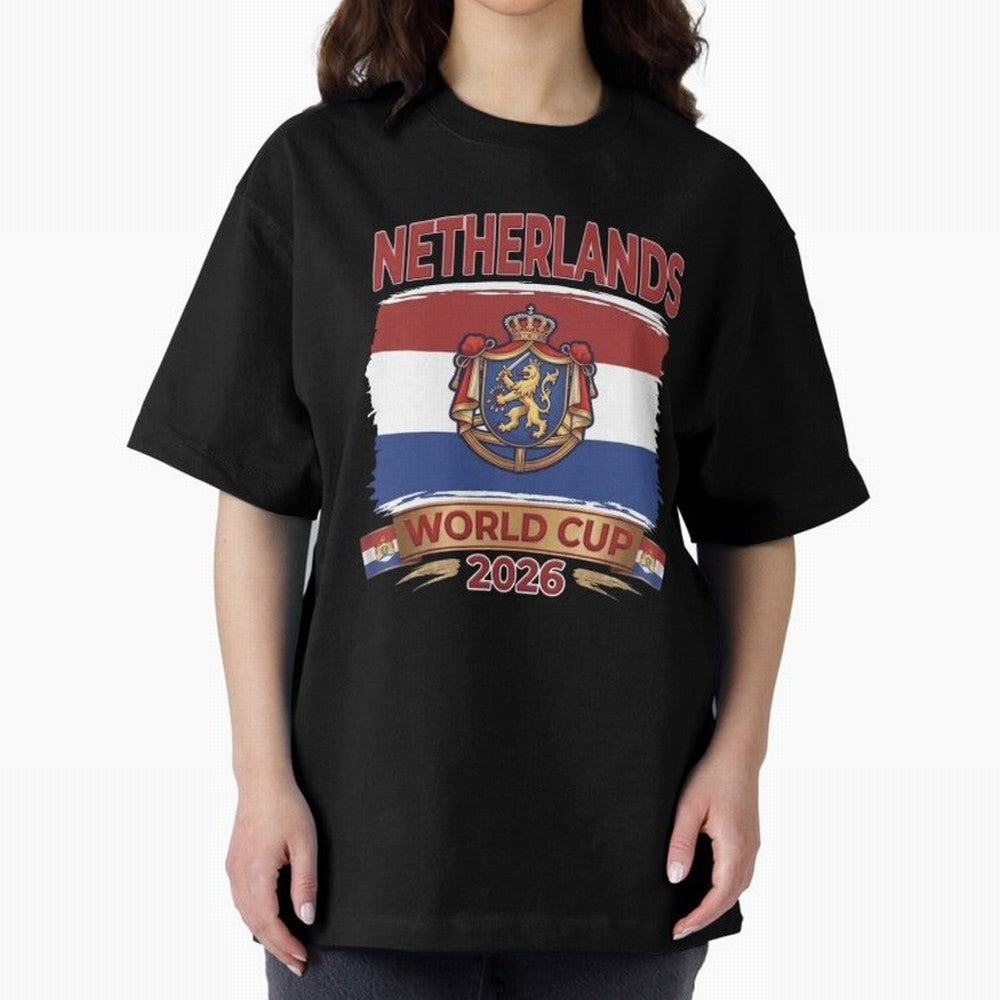 Netherlands World Cup 2026 Coat of Arms Football Design Oversized T-Shirt Spotlight Match Day Hype around FIFA World Cup 2026, Messi, CR7 and Mbappe, England, Championship Spirit, Famous Goals, Roaring Crowds and International Football Unity;