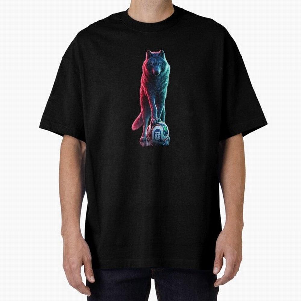Neon Alpha Wolf with Soccer Ball | Futuristic Sports Fantasy Art Oversized T-Shirt Bring a Vintage Feel to the FIFA World Cup 2026 Group Stage Journey through Haaland Highlights, Brazil Pride, Vintage Soccer Flavor, Modern Football Stars, National