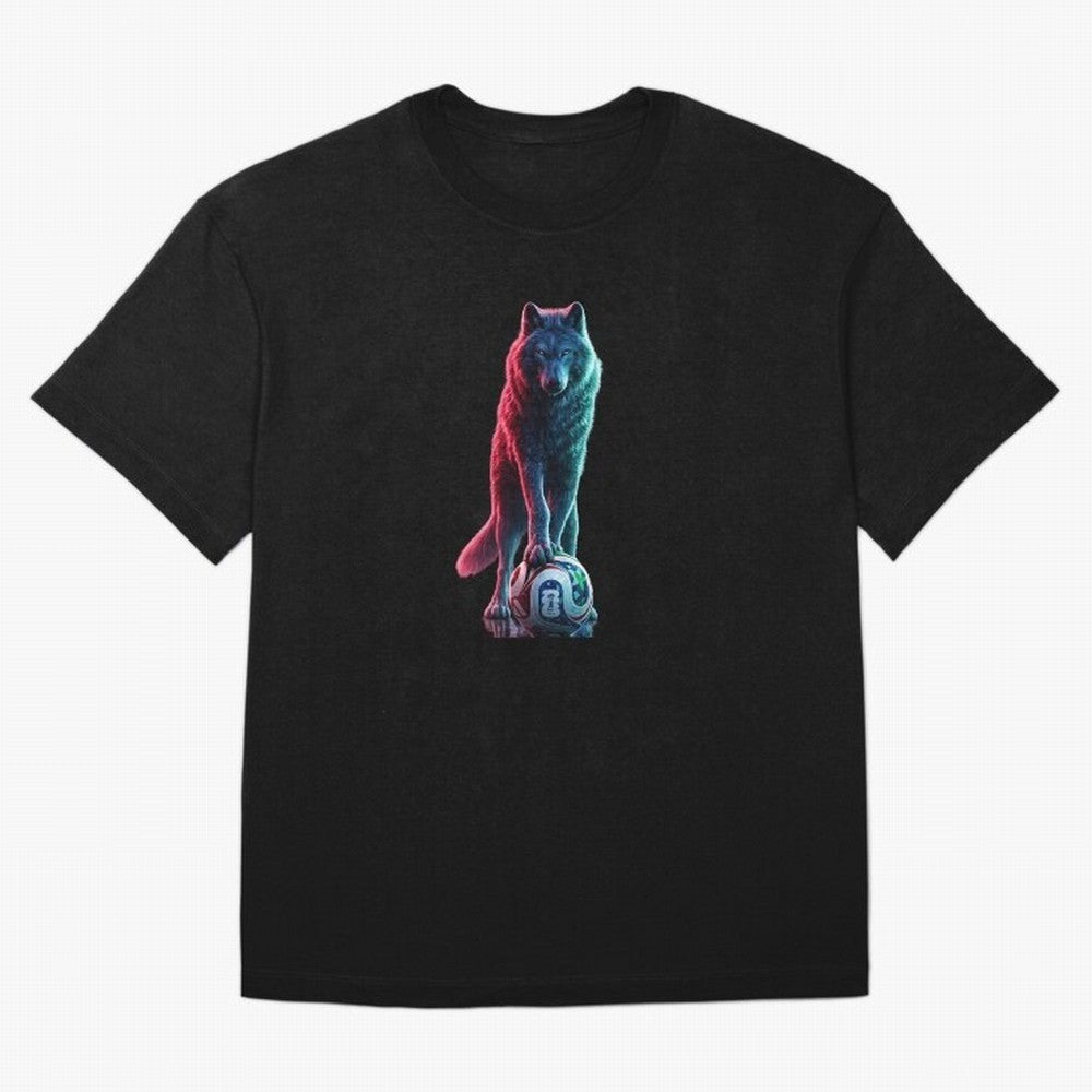 Neon Alpha Wolf with Soccer Ball | Futuristic Sports Fantasy Art Oversized T-Shirt Bring a Vintage Feel to the FIFA World Cup 2026 Group Stage Journey through Haaland Highlights, Brazil Pride, Vintage Soccer Flavor, Modern Football Stars, National