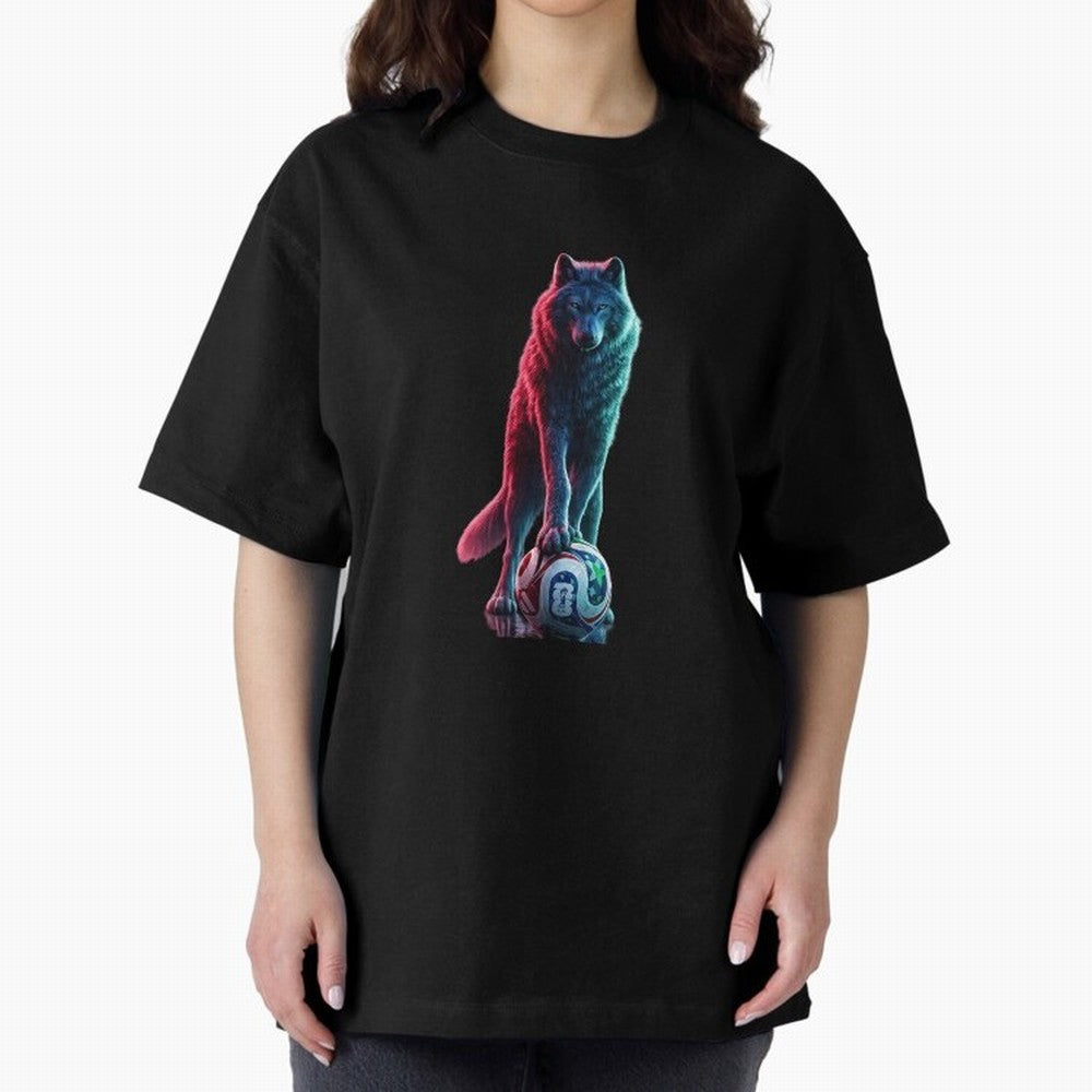 Neon Alpha Wolf with Soccer Ball | Futuristic Sports Fantasy Art Oversized T-Shirt Bring a Vintage Feel to the FIFA World Cup 2026 Group Stage Journey through Haaland Highlights, Brazil Pride, Vintage Soccer Flavor, Modern Football Stars, National
