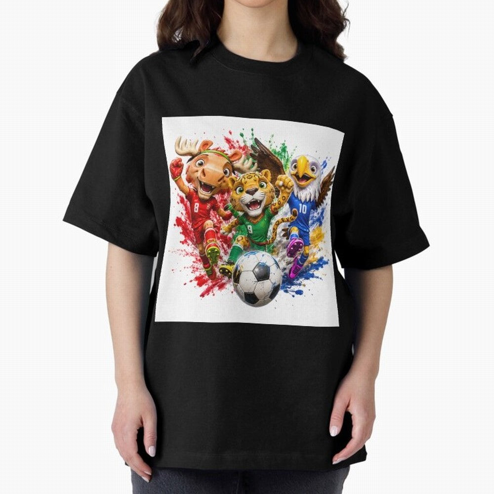 World Football Mascots ¨C Ultimate Soccer Fan Cartoon Design Oversized T-Shirt Celebrate Football Heritage in FIFA World Cup 2026 for Fans of Messi and Cristiano Ronaldo and Argentina, Bringing Football History, Final Match Energy, Crowd Noise and