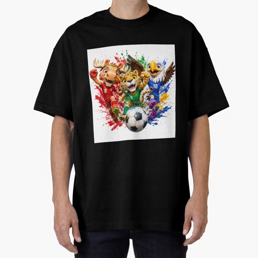 World Football Mascots ¨C Ultimate Soccer Fan Cartoon Design Oversized T-Shirt Celebrate Football Heritage in FIFA World Cup 2026 for Fans of Messi and Cristiano Ronaldo and Argentina, Bringing Football History, Final Match Energy, Crowd Noise and