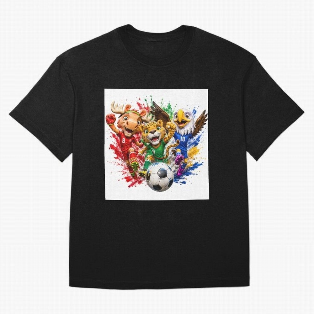 World Football Mascots ¨C Ultimate Soccer Fan Cartoon Design Oversized T-Shirt Celebrate Football Heritage in FIFA World Cup 2026 for Fans of Messi and Cristiano Ronaldo and Argentina, Bringing Football History, Final Match Energy, Crowd Noise and