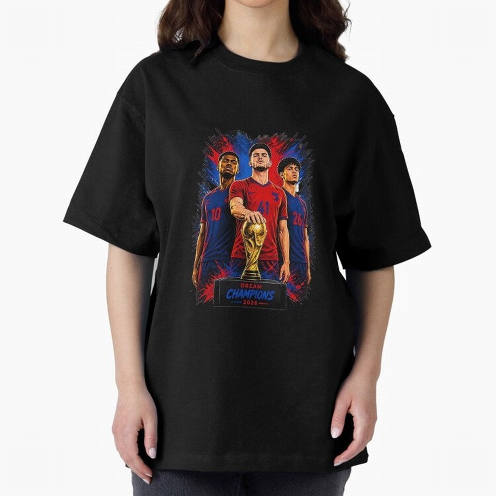 Dream Champions 2026 Football Streetwear Design | Trophy Graphic Tee Oversized T-Shirt Support the Legends of FIFA World Cup 2026 Group Stage Centered on Haaland and Mbappe, England, France and Netherlands Energy, Championship Spirit, Famous Goals,