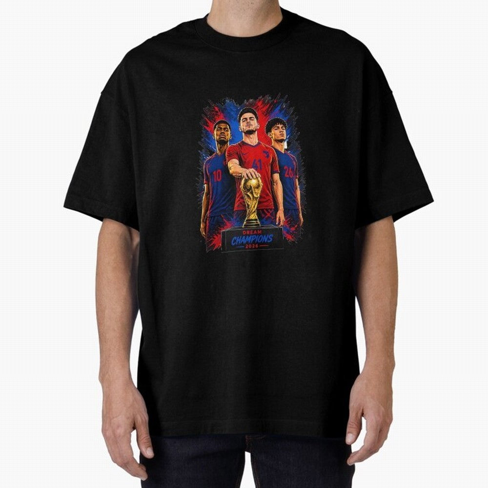 Dream Champions 2026 Football Streetwear Design | Trophy Graphic Tee Oversized T-Shirt Support the Legends of FIFA World Cup 2026 Group Stage Centered on Haaland and Mbappe, England, France and Netherlands Energy, Championship Spirit, Famous Goals,