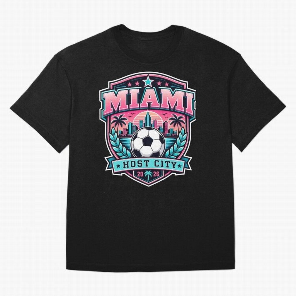 Miami 2026 Host City Emblem Soccer Football Events Oversized T-Shirt Share Global Football Passion for FIFA World Cup 2026, Highlighting Cristiano Ronaldo, Netherlands, Football Festival Excitement, Trophy Ambitions, Country Rivalries and Star