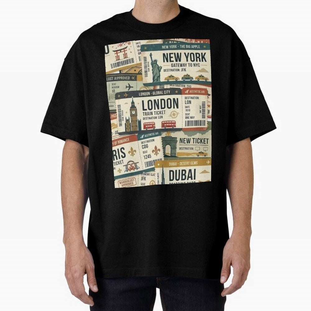 World Travel Ticket Aesthetic Collage Global City Vibes Oversized T-Shirt Show Up for the Glory of FIFA World Cup 2026 for Fans of CR7 and France, Bringing Worldwide Fan Energy, Dramatic Goals, Stadium Lights and Championship Celebrations; Made for