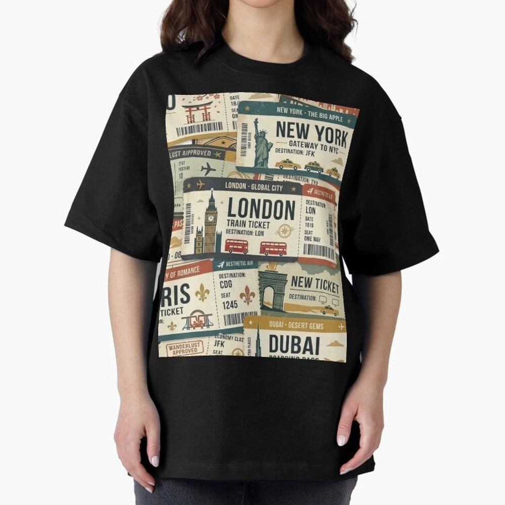 World Travel Ticket Aesthetic Collage Global City Vibes Oversized T-Shirt Show Up for the Glory of FIFA World Cup 2026 for Fans of CR7 and France, Bringing Worldwide Fan Energy, Dramatic Goals, Stadium Lights and Championship Celebrations; Made for