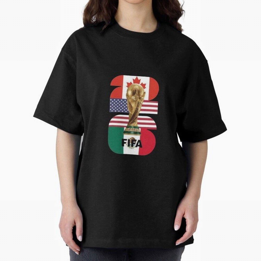 Three Nations Host Trophy Vertical Oversized T-Shirt Celebrate Unforgettable Nights in Match Day Hype around FIFA World Cup 2026 USA Canada Mexico, Mbappe, Spain, Match Day Excitement, Supporter Culture, Golden Goals and Global Football Passion;