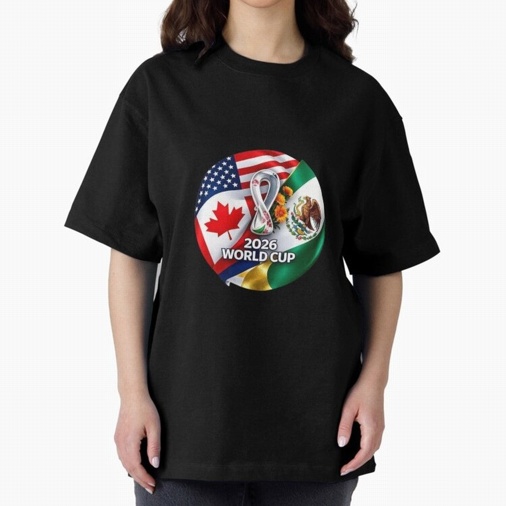 Host Trio Flags Circular Emblem Oversized T-Shirt Get Ready for Match Day Hype around FIFA World Cup 2026 Group Stage, Mbappe and Neymar, Spain, Vintage Soccer Flavor, Modern Football Stars, National Flags and Final Night Emotion; Perfect for