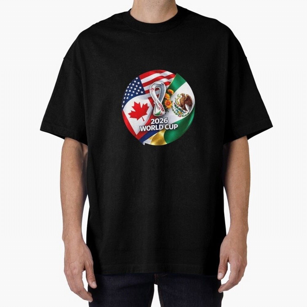 Host Trio Flags Circular Emblem Oversized T-Shirt Get Ready for Match Day Hype around FIFA World Cup 2026 Group Stage, Mbappe and Neymar, Spain, Vintage Soccer Flavor, Modern Football Stars, National Flags and Final Night Emotion; Perfect for