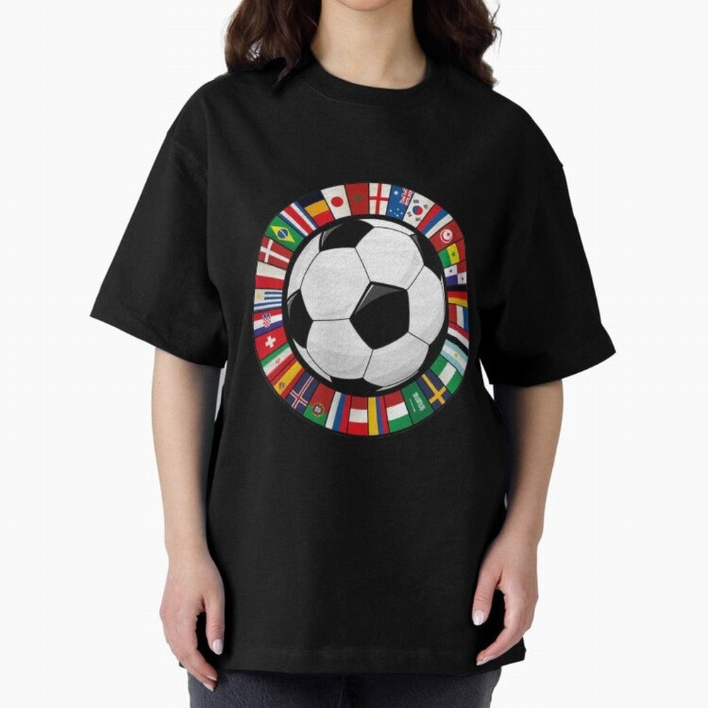 Global Nations Football Circle Art Oversized T-Shirt Turn Football Passion into Global Football Passion for FIFA World Cup 2026 USA Canada Mexico, Built around Messi, Neymar and Mbappe, Portugal, Spain and Germany, Championship Spirit, Famous