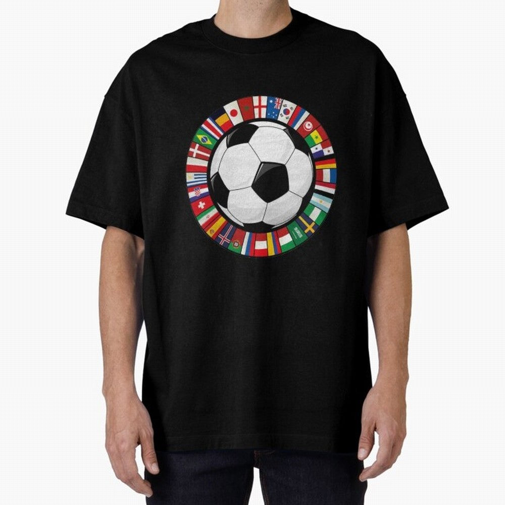 Global Nations Football Circle Art Oversized T-Shirt Turn Football Passion into Global Football Passion for FIFA World Cup 2026 USA Canada Mexico, Built around Messi, Neymar and Mbappe, Portugal, Spain and Germany, Championship Spirit, Famous