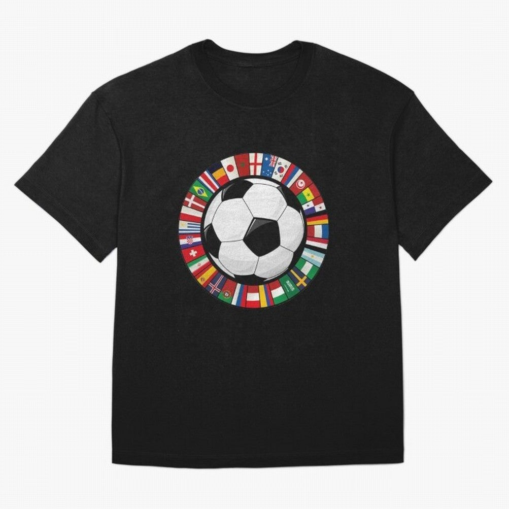 Global Nations Football Circle Art Oversized T-Shirt Turn Football Passion into Global Football Passion for FIFA World Cup 2026 USA Canada Mexico, Built around Messi, Neymar and Mbappe, Portugal, Spain and Germany, Championship Spirit, Famous