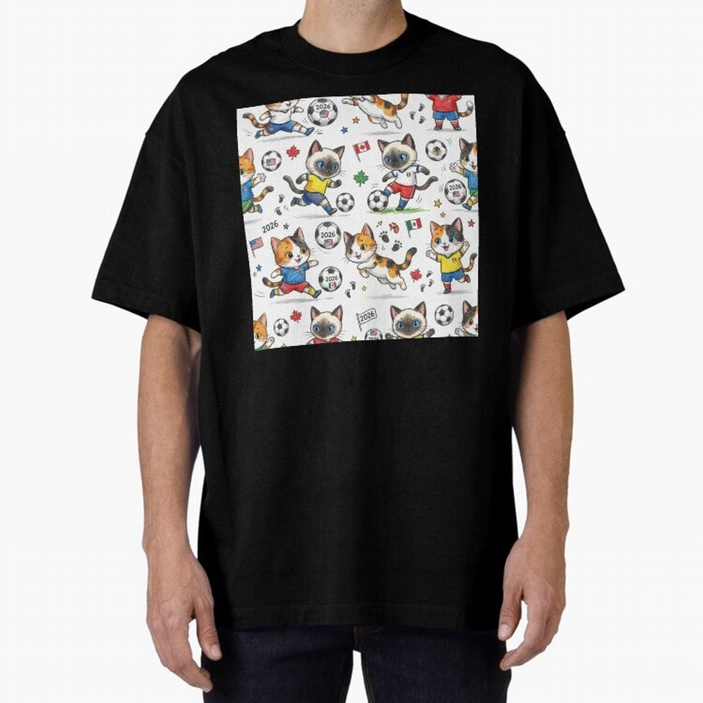 Chibi Soccer Cats 2026 - Cute Football Kittens Pattern Oversized T-Shirt Bring Home FIFA World Cup 2026 Capturing Messi, Neymar and Mbappe, France Energy, Football Passion, Legendary Performances, Festival Vibes and Supporter Community; Made for