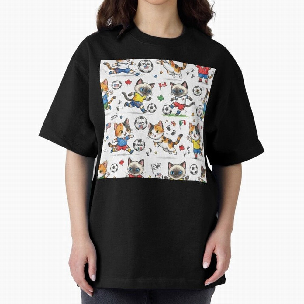 Chibi Soccer Cats 2026 - Cute Football Kittens Pattern Oversized T-Shirt Bring Home FIFA World Cup 2026 Capturing Messi, Neymar and Mbappe, France Energy, Football Passion, Legendary Performances, Festival Vibes and Supporter Community; Made for