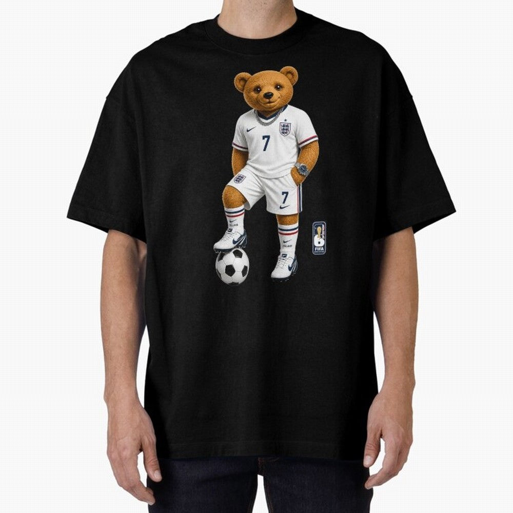 England Soccer Bear World Cup Teddy Bear Oversized T-Shirt Keep the Match Day Mood of Global Football Passion for FIFA World Cup 2026, Built around Haaland and Mbappe, England and Germany, Championship Spirit, Famous Goals, Roaring Crowds and