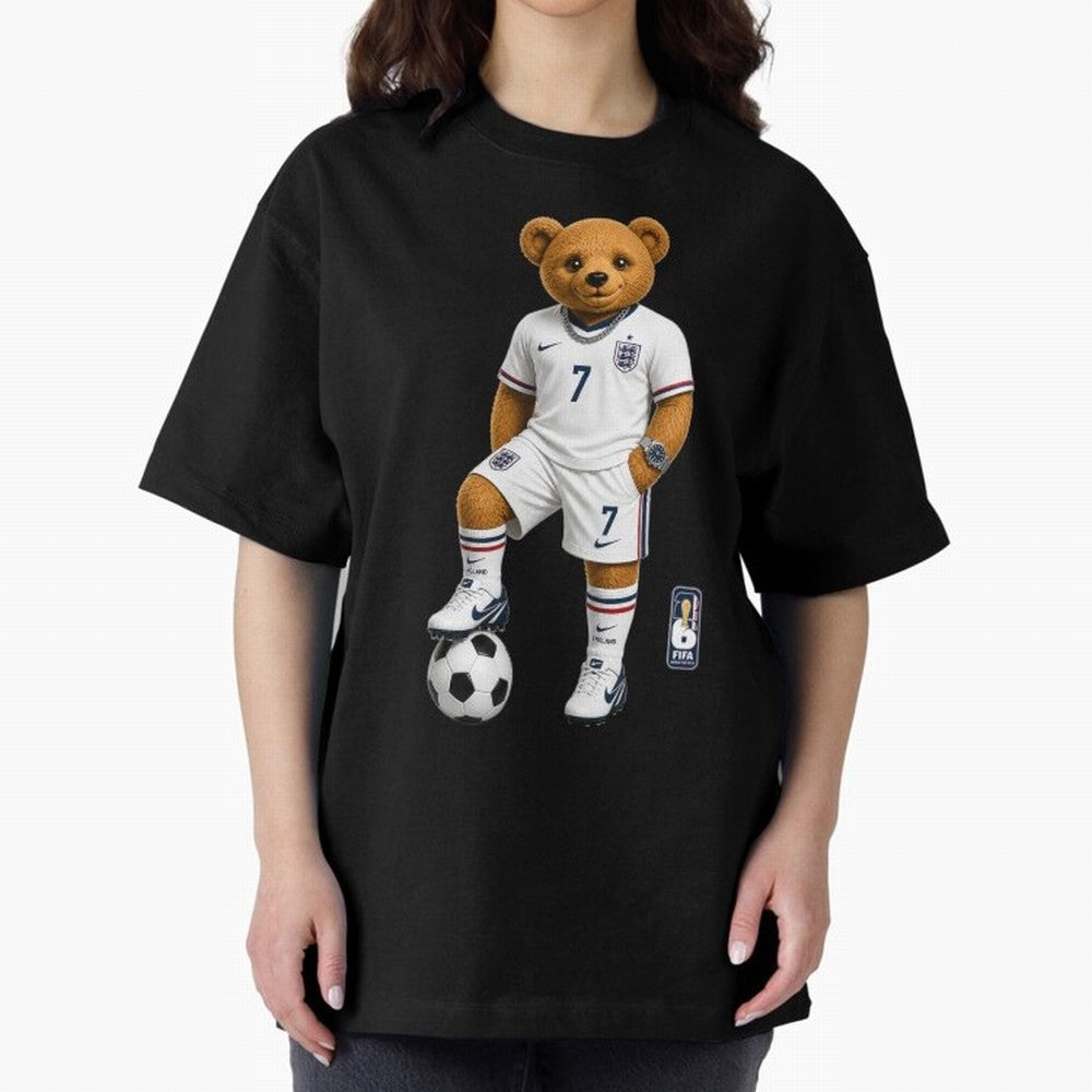 England Soccer Bear World Cup Teddy Bear Oversized T-Shirt Keep the Match Day Mood of Global Football Passion for FIFA World Cup 2026, Built around Haaland and Mbappe, England and Germany, Championship Spirit, Famous Goals, Roaring Crowds and