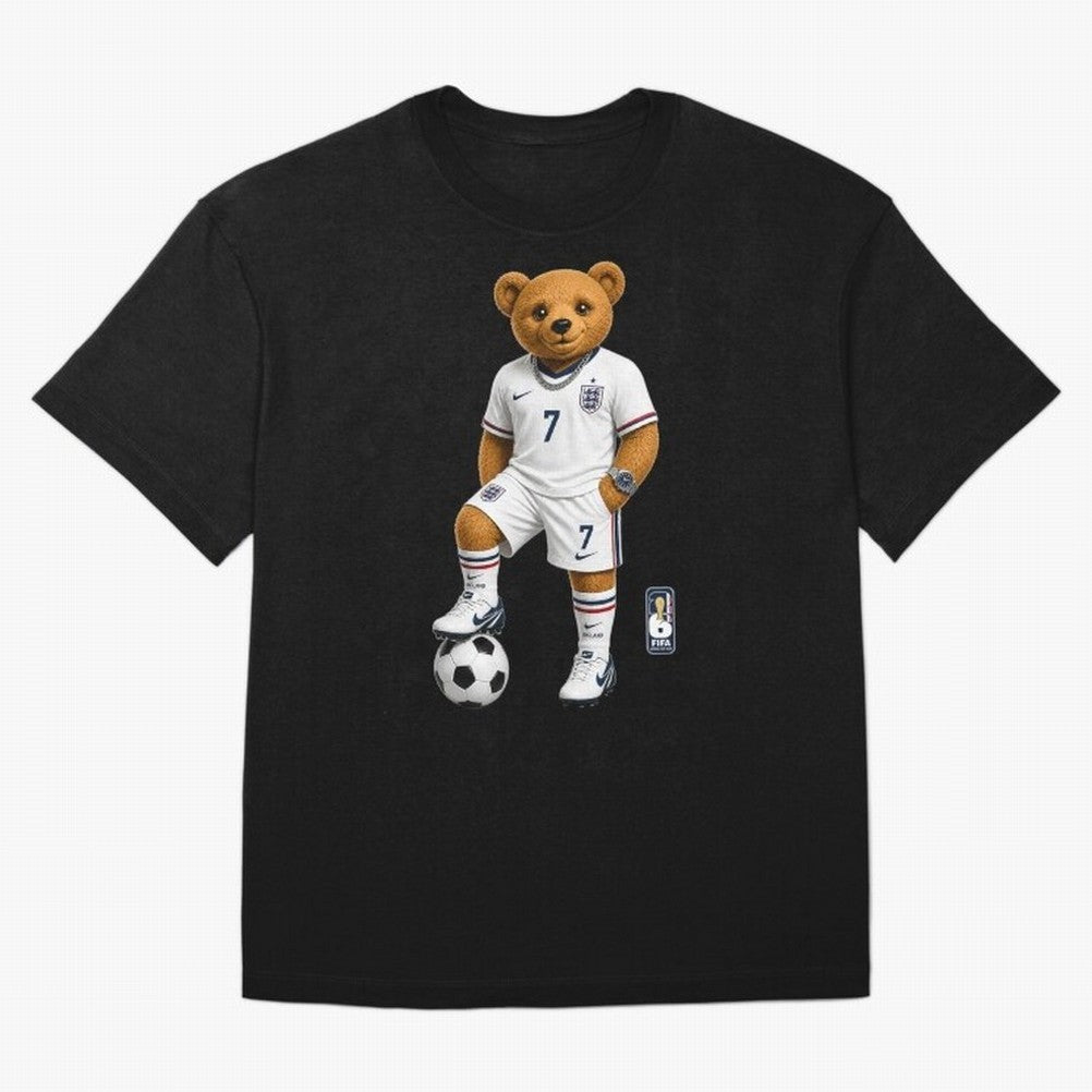 England Soccer Bear World Cup Teddy Bear Oversized T-Shirt Keep the Match Day Mood of Global Football Passion for FIFA World Cup 2026, Built around Haaland and Mbappe, England and Germany, Championship Spirit, Famous Goals, Roaring Crowds and