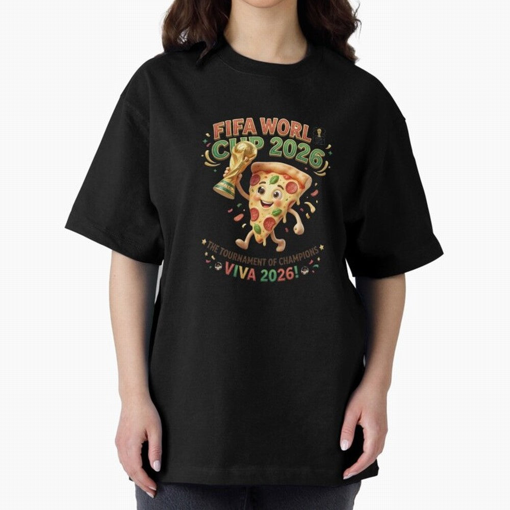 Happy Pizza Character Holding World Cup 2026 Trophy Oversized T-Shirt Celebrate Every Goal in FIFA World Cup 2026 USA Canada Mexico for Fans of Mbappe and Brazil, Bringing Football History, Final Match Energy, Crowd Noise and Once in a Lifetime