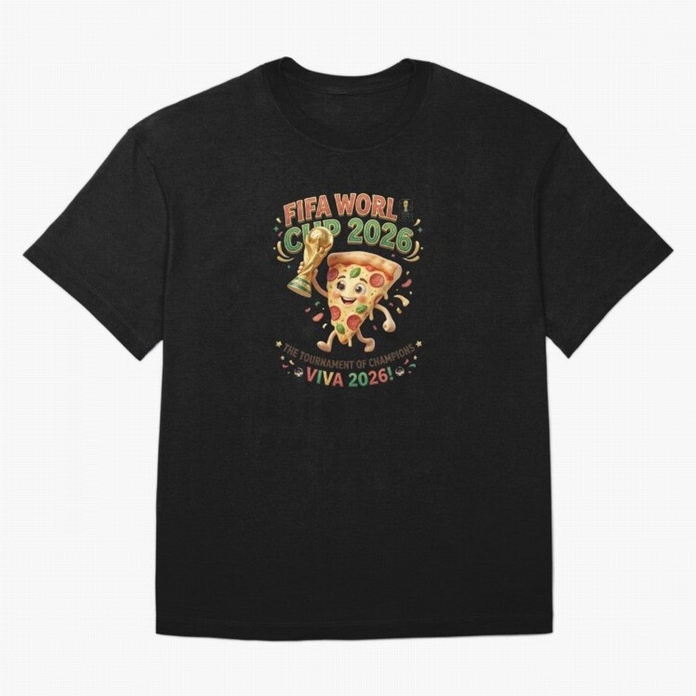 Happy Pizza Character Holding World Cup 2026 Trophy Oversized T-Shirt Celebrate Every Goal in FIFA World Cup 2026 USA Canada Mexico for Fans of Mbappe and Brazil, Bringing Football History, Final Match Energy, Crowd Noise and Once in a Lifetime