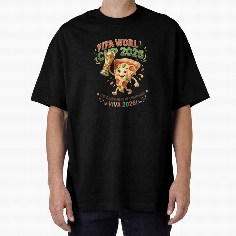 Happy Pizza Character Holding World Cup 2026 Trophy Oversized T-Shirt Celebrate Every Goal in FIFA World Cup 2026 USA Canada Mexico for Fans of Mbappe and Brazil, Bringing Football History, Final Match Energy, Crowd Noise and Once in a Lifetime