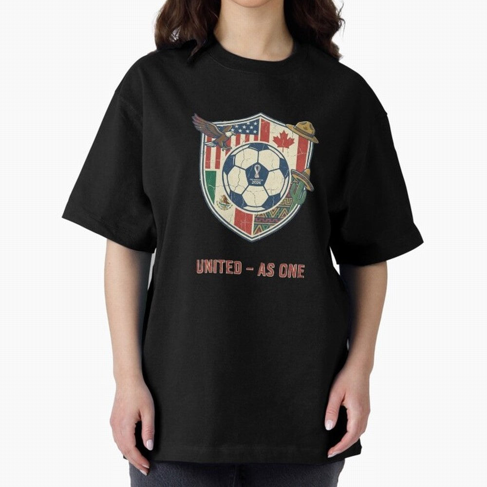 North America United Soccer 2026 Vintage Crest Oversized T-Shirt Spotlight FIFA World Cup 2026 Group Stage Spirit, Highlighting Argentina, Messi and Cristiano Ronaldo, Classic Soccer Heritage, Championship Pressure, Fan Loyalty and International