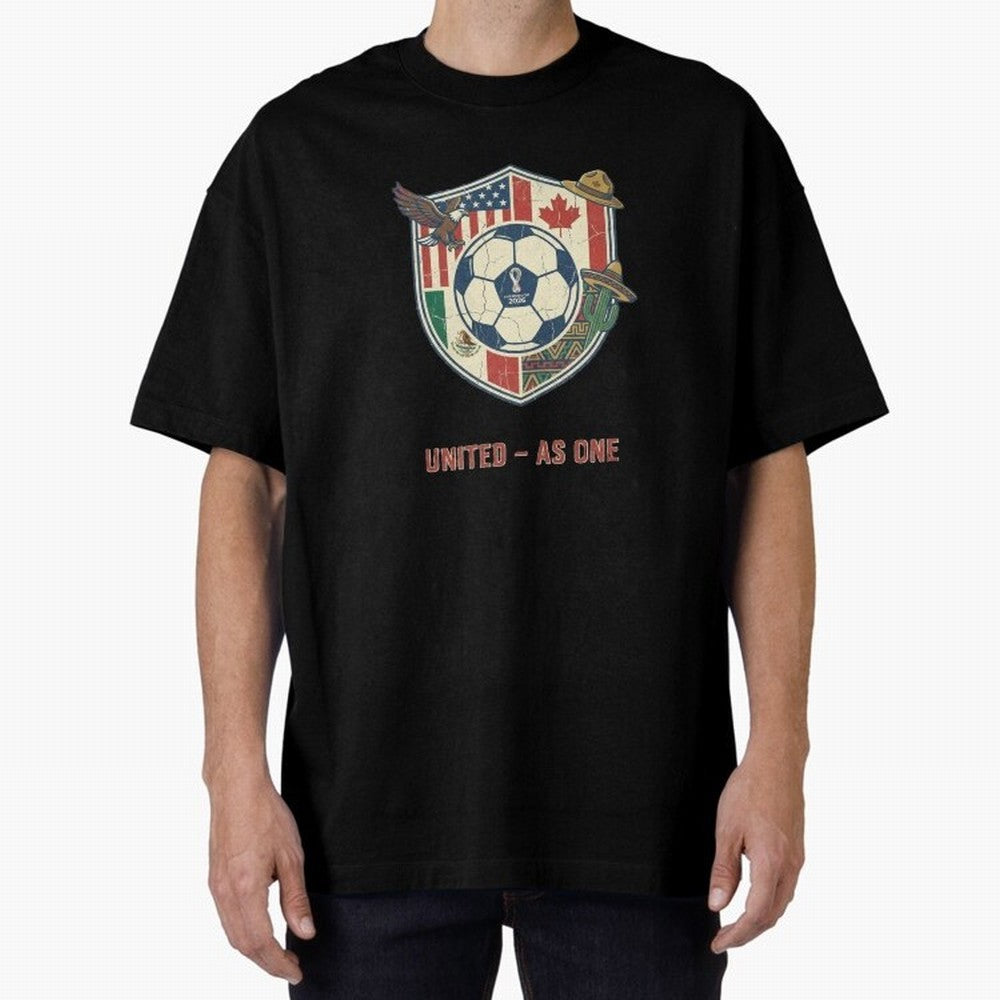 North America United Soccer 2026 Vintage Crest Oversized T-Shirt Spotlight FIFA World Cup 2026 Group Stage Spirit, Highlighting Argentina, Messi and Cristiano Ronaldo, Classic Soccer Heritage, Championship Pressure, Fan Loyalty and International
