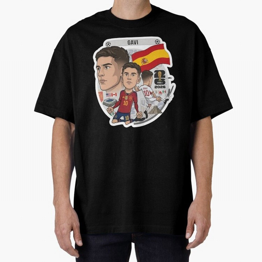 Gavi Spain National Team Football Cartoon Illustration Oversized T-Shirt Build FIFA World Cup 2026 Group Stage for Fans of Messi and England and Germany, Bringing Football Festival Excitement, Trophy Ambitions, Country Rivalries and Star Player
