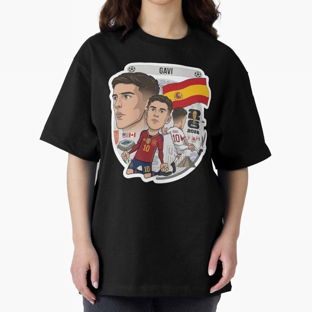 Gavi Spain National Team Football Cartoon Illustration Oversized T-Shirt Build FIFA World Cup 2026 Group Stage for Fans of Messi and England and Germany, Bringing Football Festival Excitement, Trophy Ambitions, Country Rivalries and Star Player