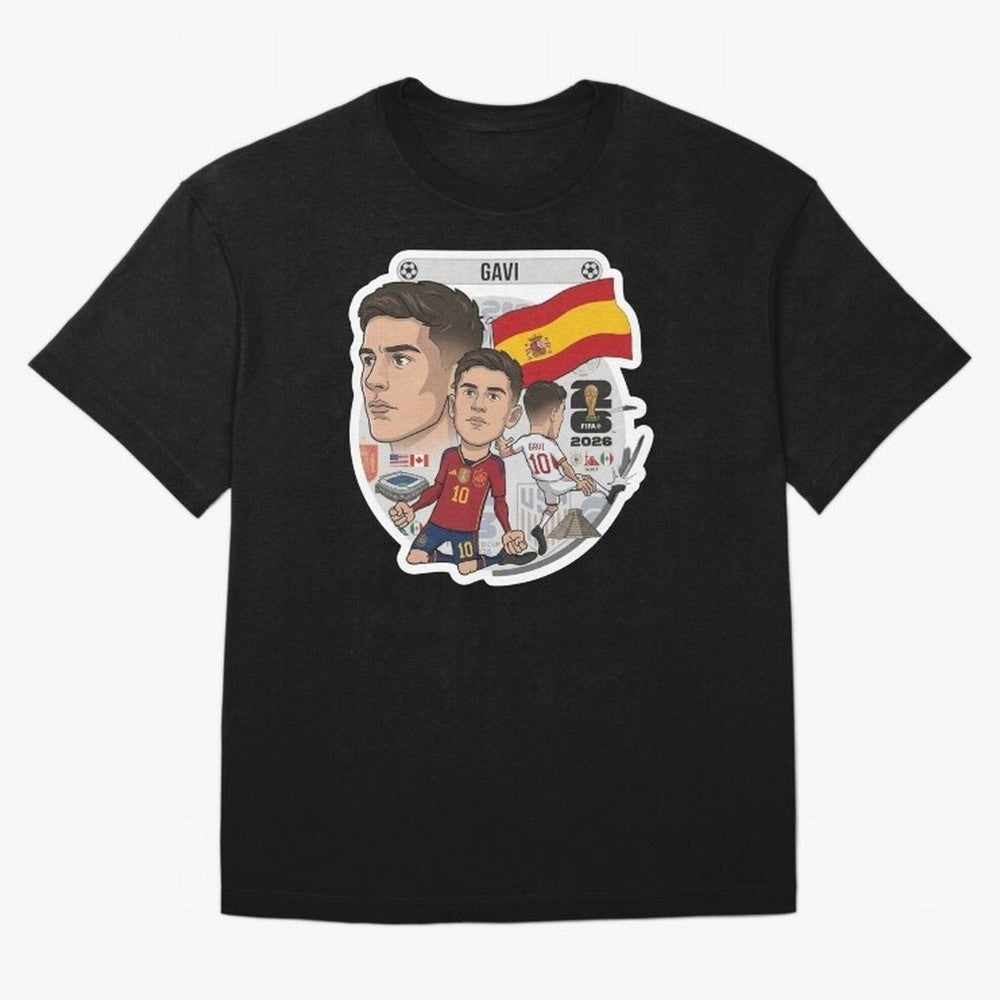 Gavi Spain National Team Football Cartoon Illustration Oversized T-Shirt Build FIFA World Cup 2026 Group Stage for Fans of Messi and England and Germany, Bringing Football Festival Excitement, Trophy Ambitions, Country Rivalries and Star Player