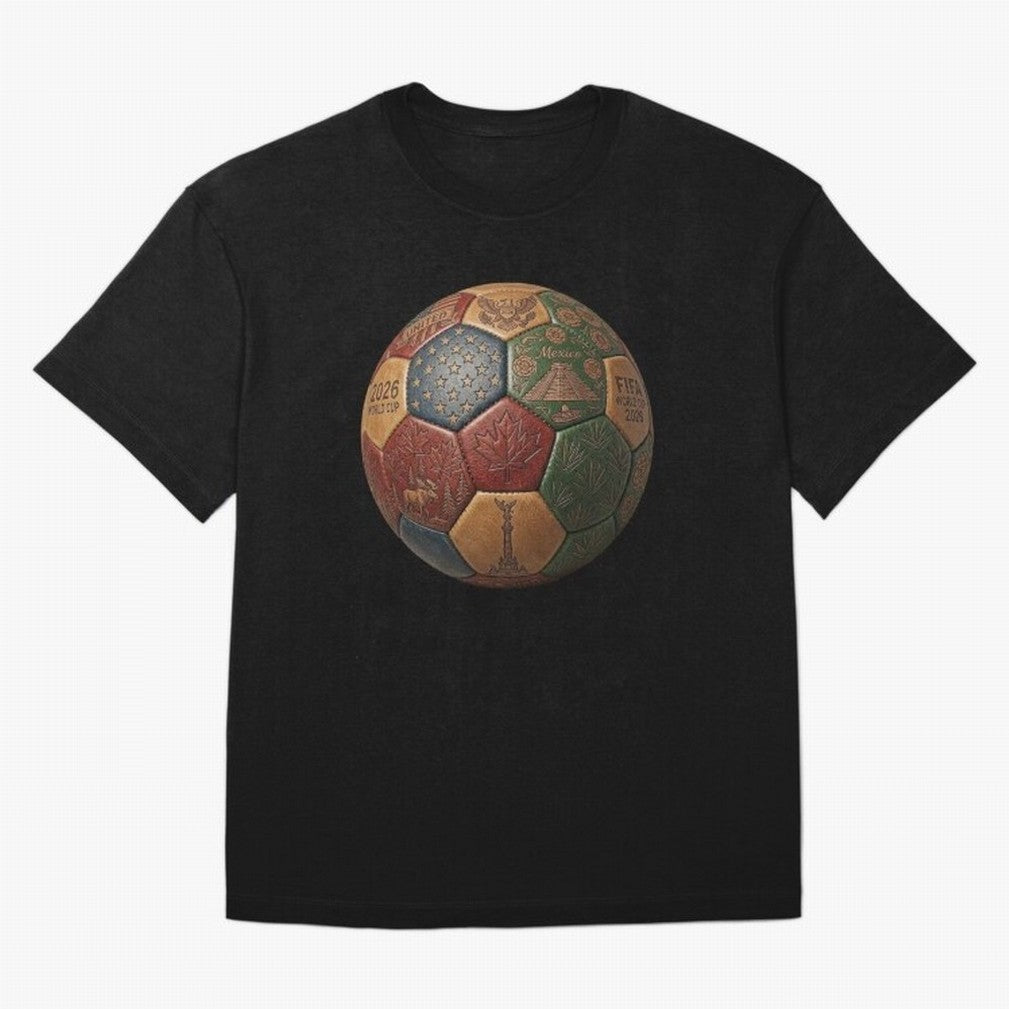 Artistic Ball for the 2026 World Cup ¨C USA, Mexico & Canada Football Design Oversized T-Shirt Remember Iconic Moments from FIFA World Cup 2026 Group Stage Driven by CR7 and Messi, France and Portugal Energy, Global Supporter Spirit, Legendary